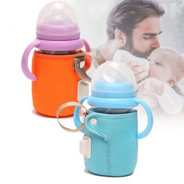 Chauffe-biberon rechargeable par USB pour bébé un bleu et un orange avec un fond un papa avec son bébé