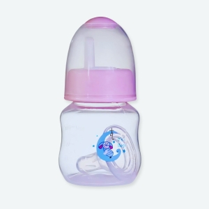 Biberon pour bébé de 0 à 18 mois transparent avec le bouchon en rose et un fond blanc