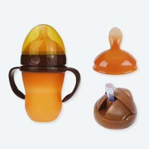 Biberons en silicone avec une tétine de couleur orange en à coté