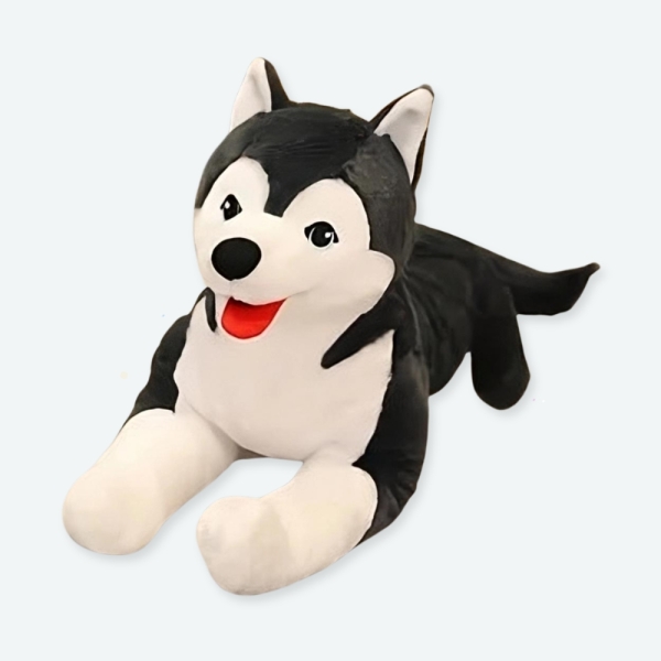 Petit chiot noir et blanc en peluche mignon pour bébé.