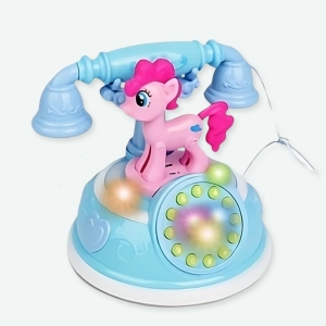 Téléphone de modèle rétro bleu avec un petit cheval rose.