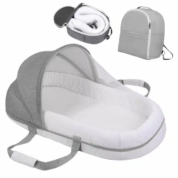 Berceau de voyage Portable avec moustiquaire pour bébé gris avec un fond blanc