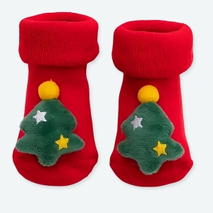 Chaussettes à motif sapin de noël en coton pour enfants rouge avec arbre de noel vert.