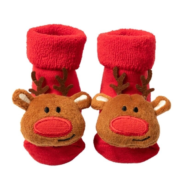 Chaussettes petits rennes de noël en coton pour enfants rouge et marron avec un fond blanc