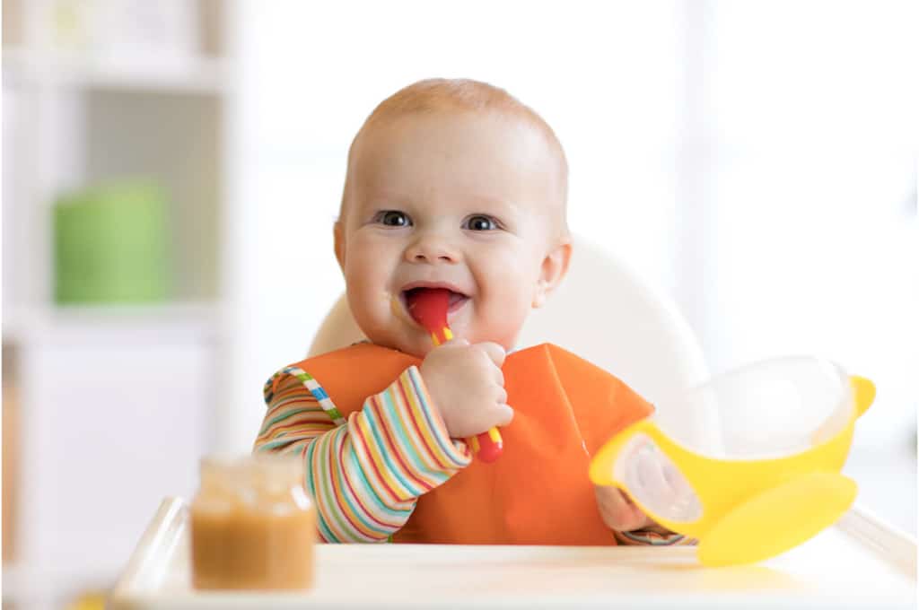 un bébé assis dans sa chaise de bébé sourit en tenant une cuillère rouge dans sa bouche. il porte un bavoir orange et tient avec sa main gauche un bol vide. une compote est posée devant lui sur sa table.