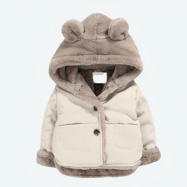 Manteau épais chaud en velours à capuche motif oreille d'ours avec un fond gris