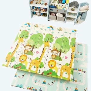 Tapis de jeu pour enfant pliable avec girafe et lion et double face avec circuit