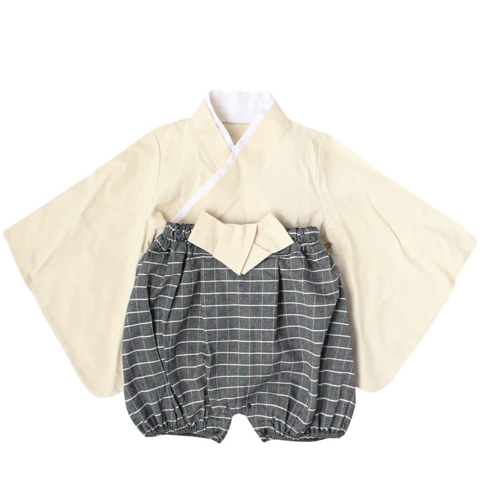 Kimono pour bébé avec le bas gris et le haut beige et petit noeud à la taille