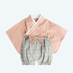 Kimono pour bébé rose et gris avec petit noeud rose