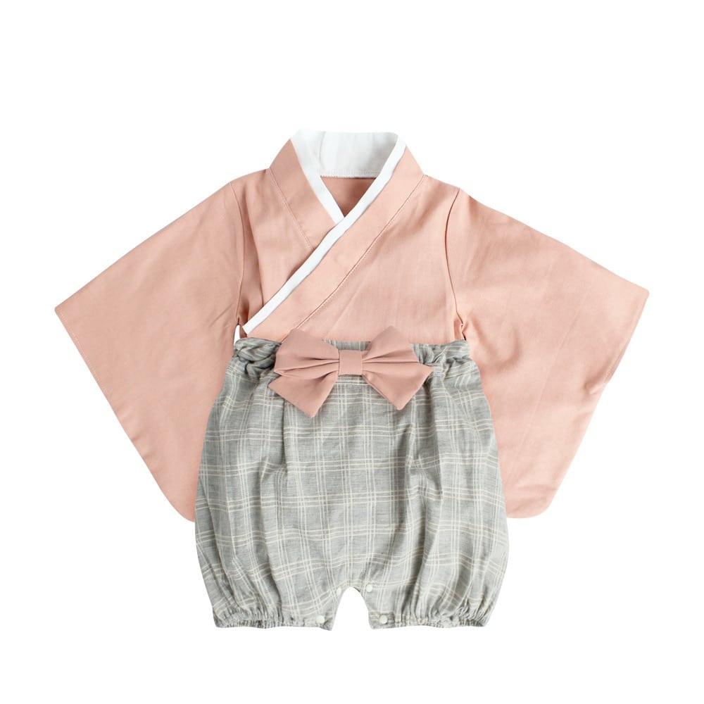 Kimono pour bébé rose et gris avec petit noeud rose