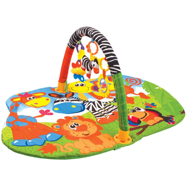 Tapis d'éveil oval pour bébé avec jeux supendu et motif d'animaux dessinés