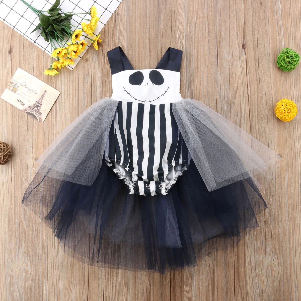 Costume Halloween Bébé Fantôme – Body à Manches Longues + Jupe élastique, Coton Doux, Boutons-pression, 0-12 Mois
