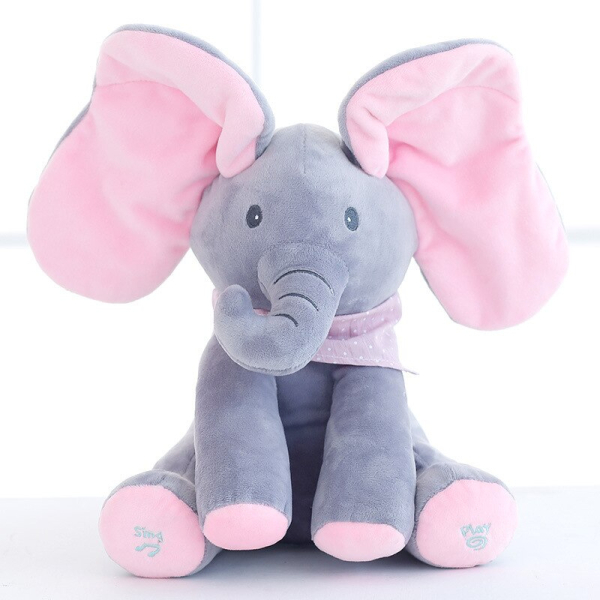 Jouet d'éléphant coucou en peluche électrique pour bébé rose et gris avec un fond blanc