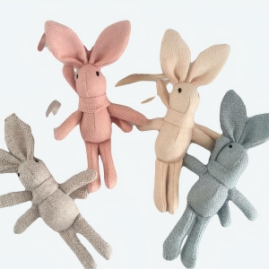 4 Doudou lapin vintage pour bébé gris jaune bleu et rose