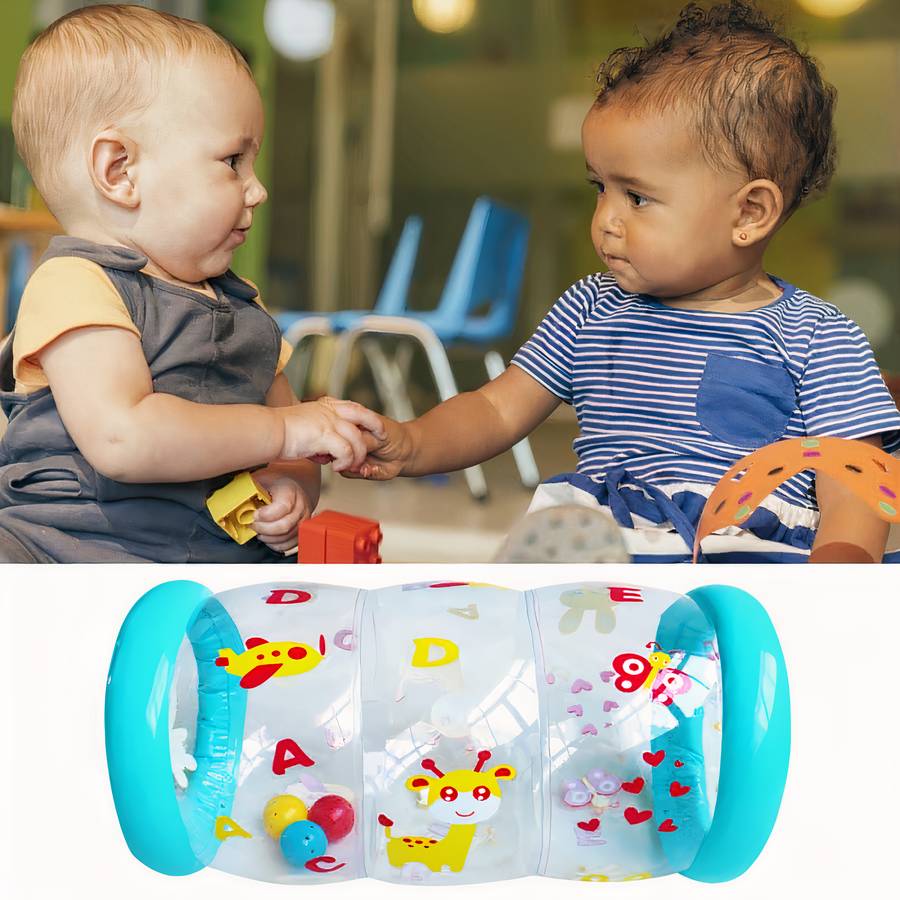 Jouet gonflable bébé rouleau bleu avec imprimés girafe et avion – Image 3