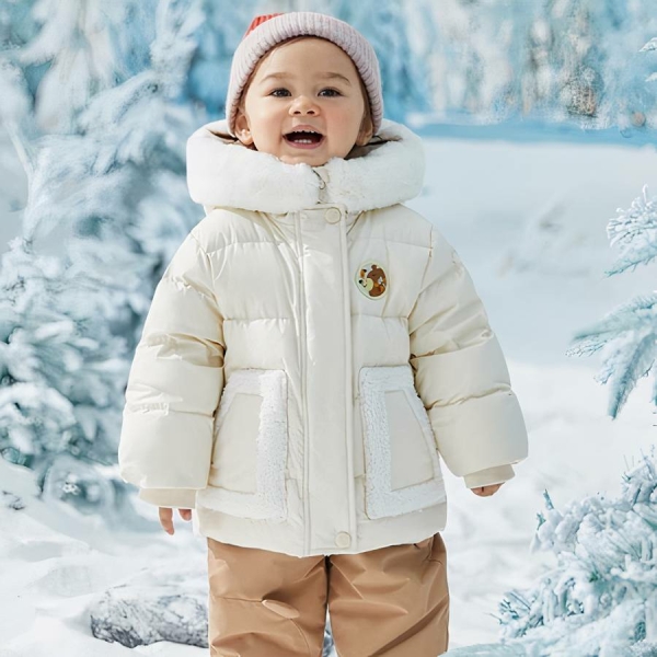 Doudoune bébé douillette pour bébé beige avec capuche – Image 3