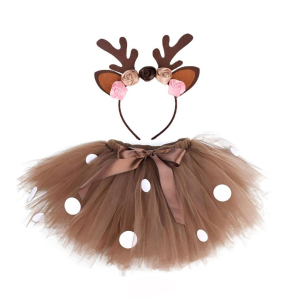 déguisement de petit cerf pour bébé avec serre-tête bois de cerf et fleurs, présenté non porté sur fond blanc