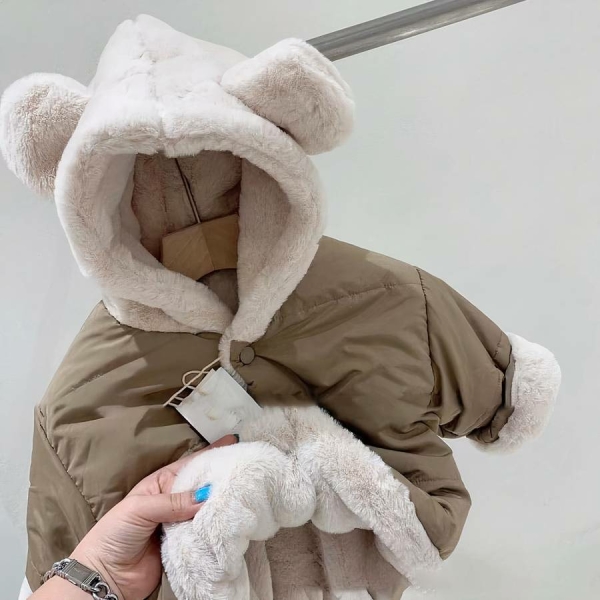 Doudoune bébé beige épais en fourrure douce avec capuche à oreilles pour garçon et fille – Image 3