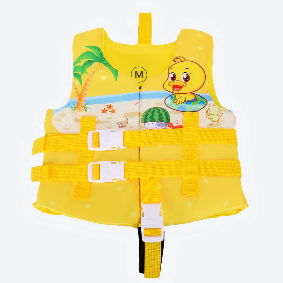 Gilet de natation jaune réglable avec motif canard et un palmier sur le devant