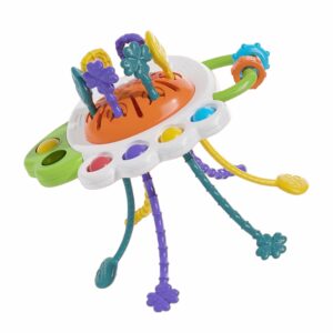 Un hibou sensoriel avec cordons pour bébé aux couleurs vives avec des cordes souples à tirer, des boutons à presser et des textures variées, présenté sur un fond blanc épuré.