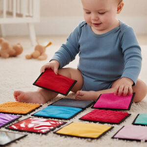 Un bébé jouant dans une chambre pour enfant, sur un tapis, avec un jeu sensoriel carrés à textures pour bébés composé de plusieurs couleurs et textures différentes.