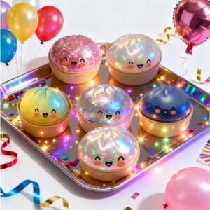 6 squishys bao kawaii anti-stress à paillettes avec boîte vapeur dans un plateau festif type anniversaire, sur une surface blanche avec des ballons et des confettis.